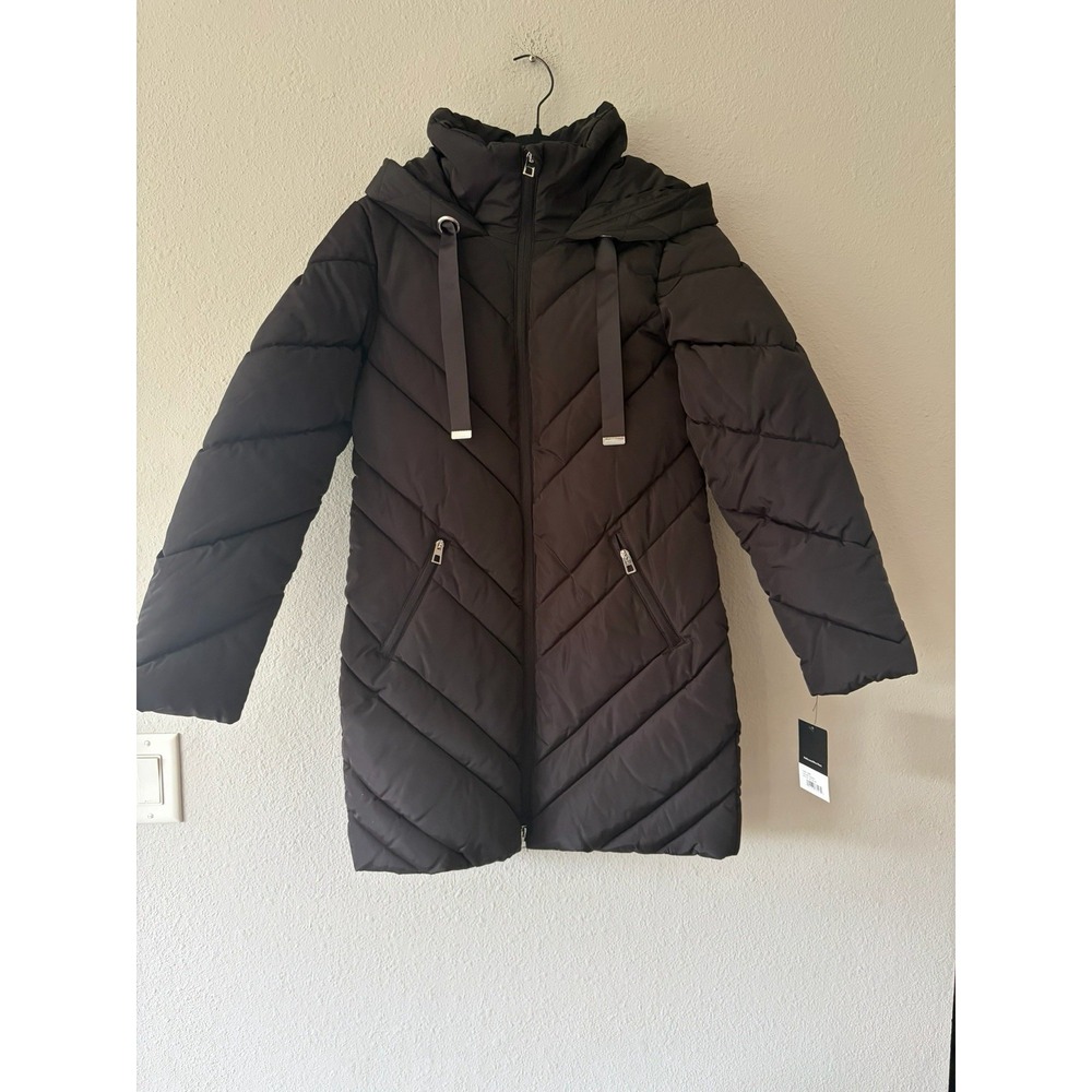 Nine West Womens Puffer Jacket Winter Coat Hooded Full Zip Black AF1251KI XS